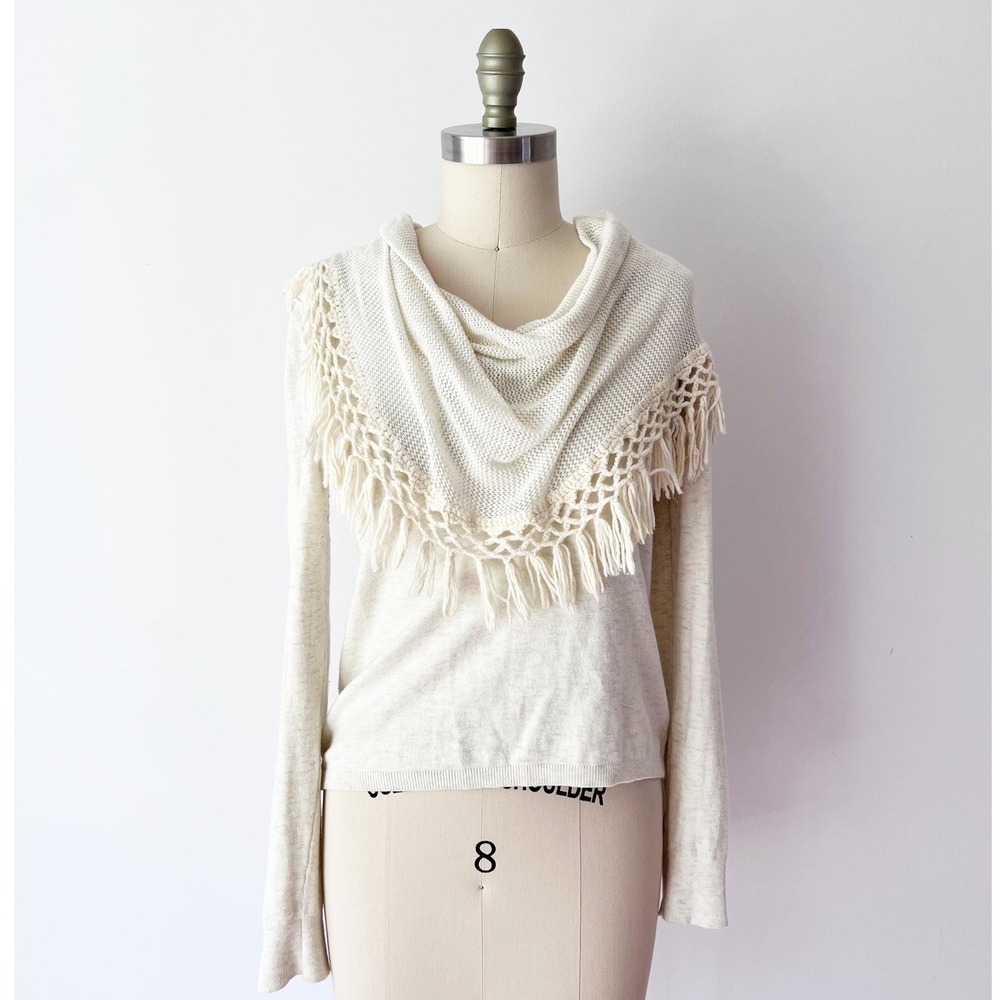 Angel of the North Anthropologie Sweater‎ Cream Crochet Fringe Cowl Neck Medium